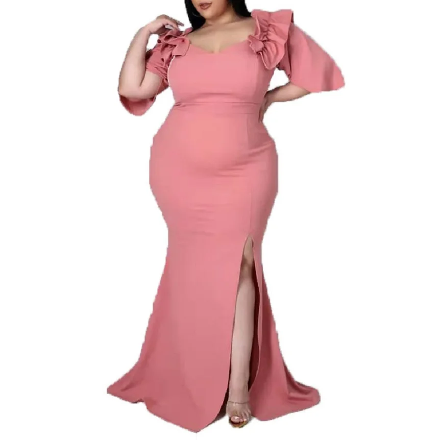 

Plus size solid color long dress fishtail skirt