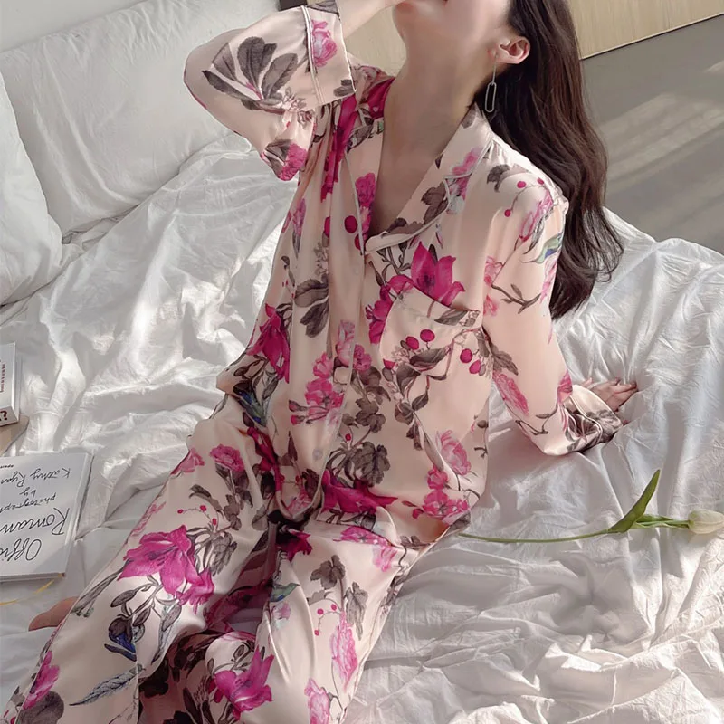 

Long Pajamas for Women Cute Flower Floral Print Sleepwear Pyjamas Soft Satin Silk Pjamas Ladies Summer Lounge Wear Home Clothes