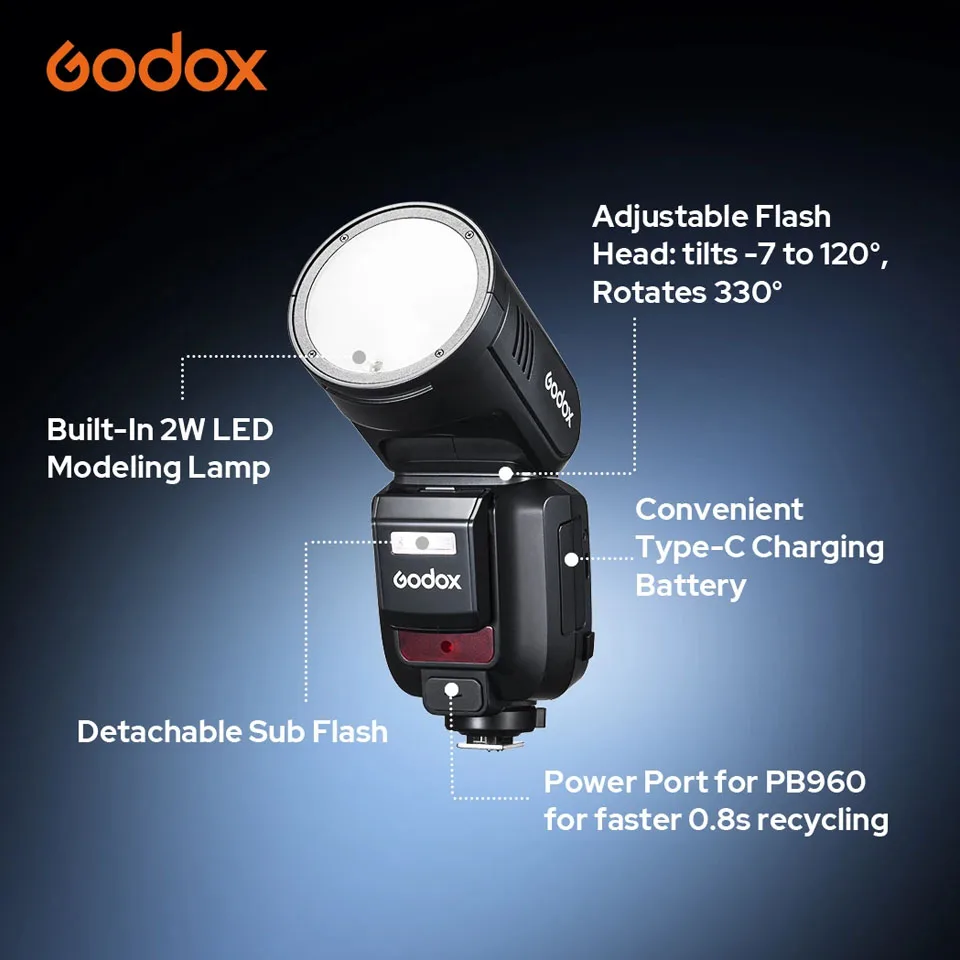 Фото Godox V100 C/N/S/F/O 70, полномощная исполнительная вспышка, сенсорный экран, TTL, HSS, вспышка для камеры с круглой головкой №2