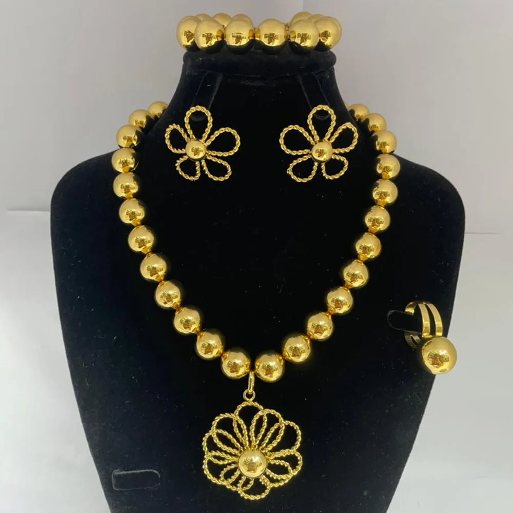 

Brazilian Gold Color Jewellery Set For Women Beads Pendant Necklace and Earrings Bracelet Ring 4Pcs Set for Wedding Bridal Dubai