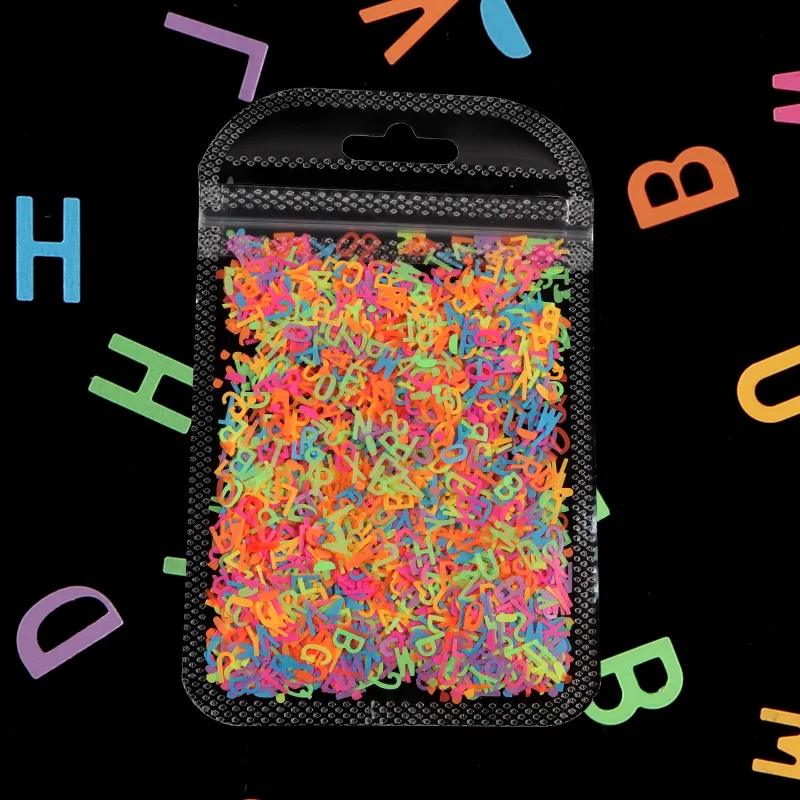 

Детали для ногтей с флуоресцентными буквами, разноцветные блестки с английским алфавитом для маникюра, Гель-лак, украшения для ногтевого ди...