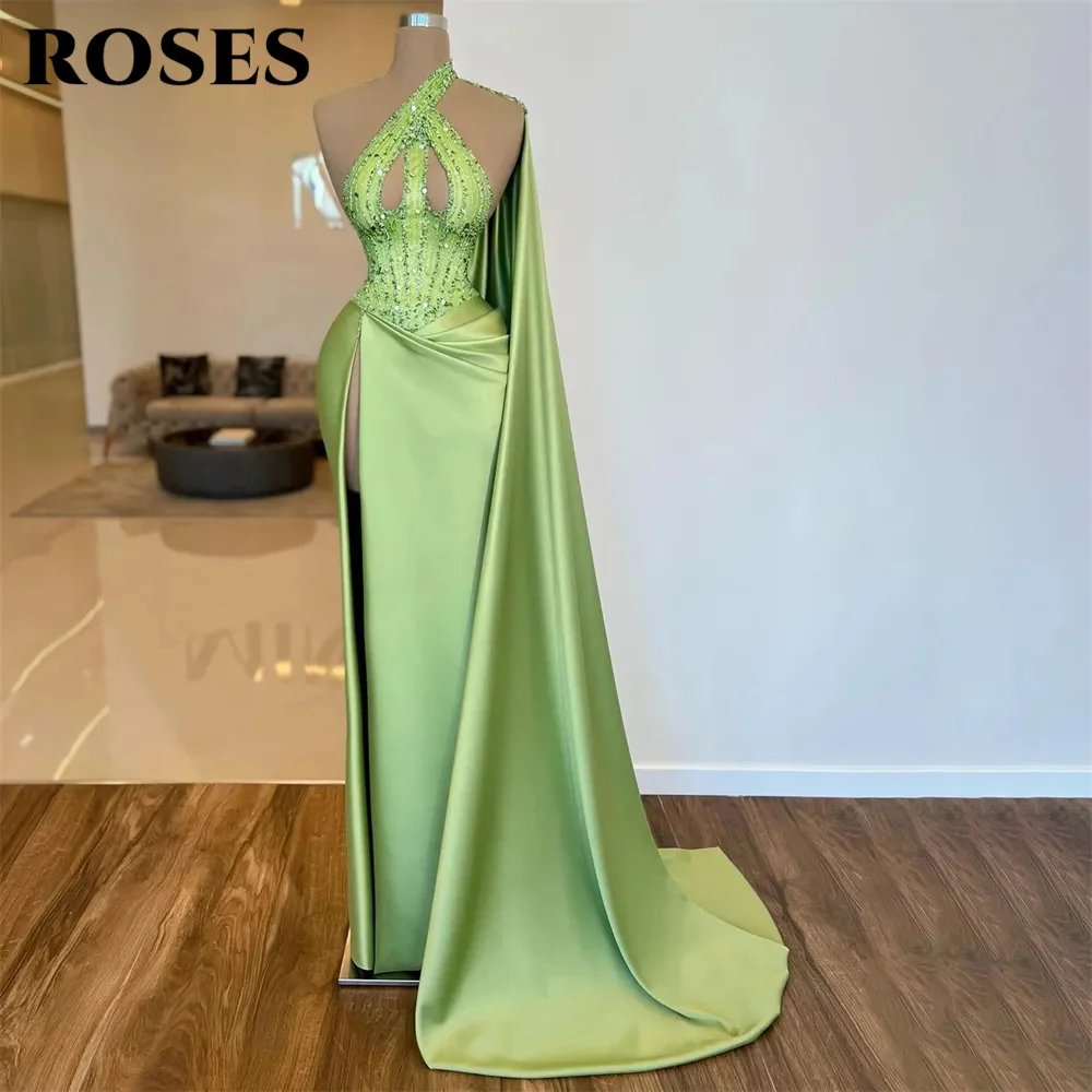 

ROSES Glitter Green Mermaid Evening Dresses Sparkly One Shoulder Pleated Side Slit Prom Dress Saudi Arabia Celebrity Party Gown