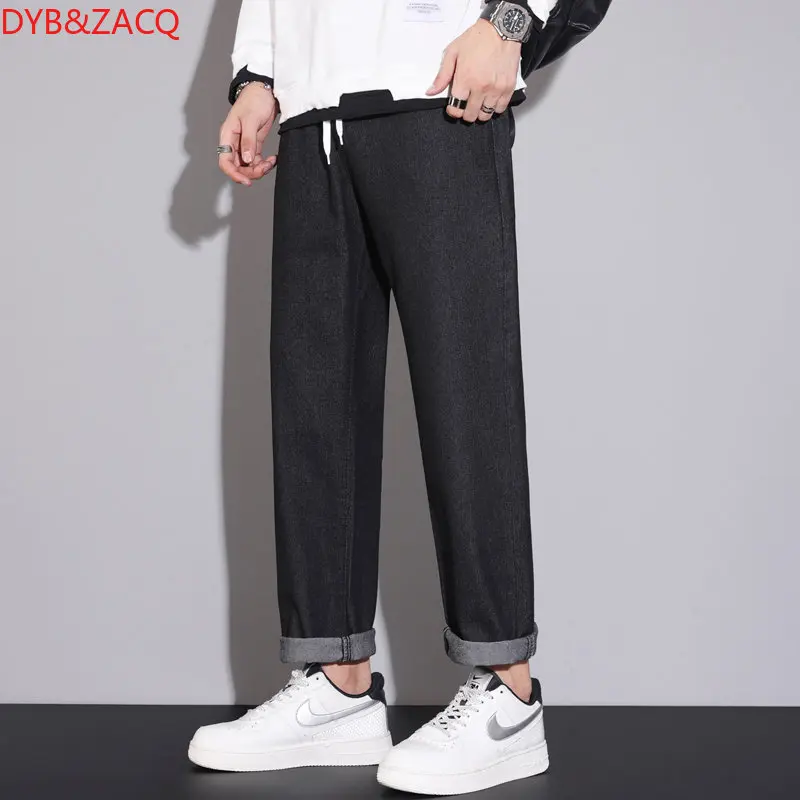DYB&ZACQ Brand Spring and Autumn Solid Color Retro Style Wide Leg Loose Neutral Elastic Waist Drawstring Jeans