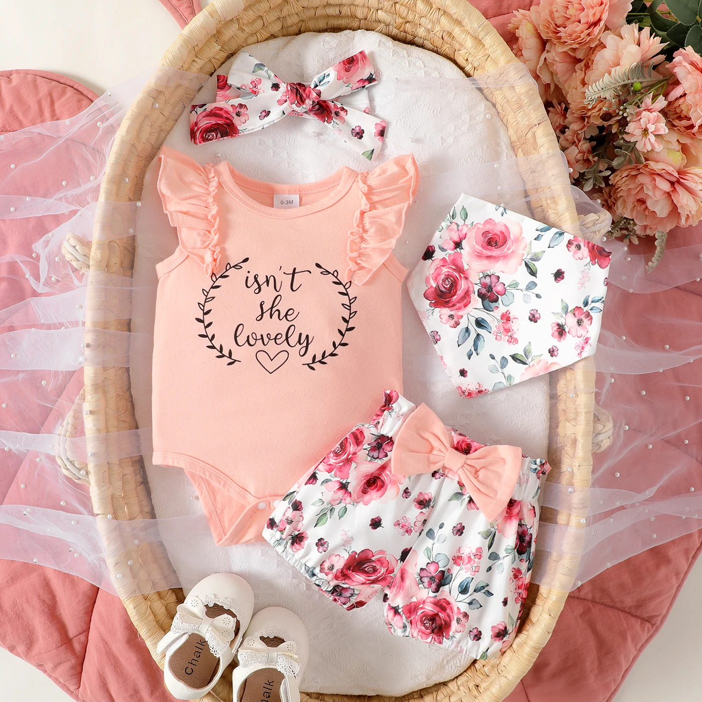 

PatPat 4pcs Baby Girl 95% Cotton Letter Graphic Ruffled Tank Romper and Floral Print Shorts & Bib & Headband Set