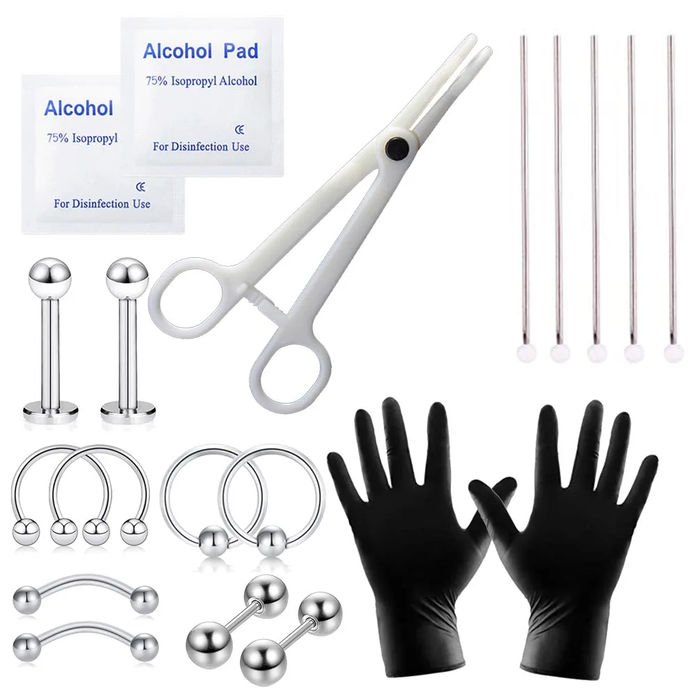 

Набор инструментов для пирсинга тела 20 шт., одноразовые иглы для прокола подковы, кольца, BCR для губ, бровей, языка, тела, 16 г