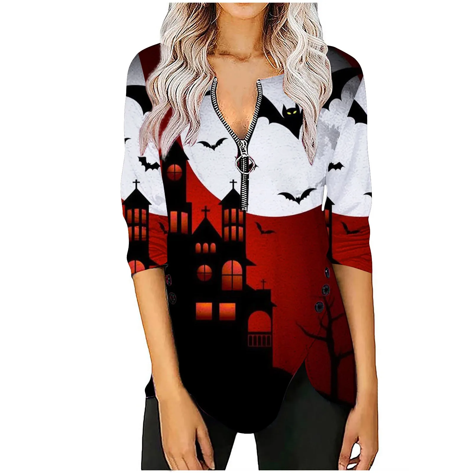 

T-Shirt For Women Casual Halloween Castle Printed Half Zip Festival Fashion Vacation Outfit For Woman Blouse Women Camisetas