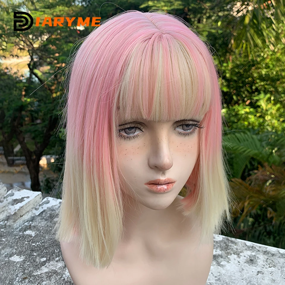 

Cosplay Pink Wig With Bangs Synthetic Short BOB Straight Hair Party Lolita Wig For Women Heat Resistant Ombre Pink Women Wigs