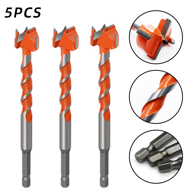

5pcs Woodworking Drill Bit Kit Wind Wood Hole Saw Opener Alloy Hex Shank Batch For Door Lock Cutter Drilling Profession Puncher