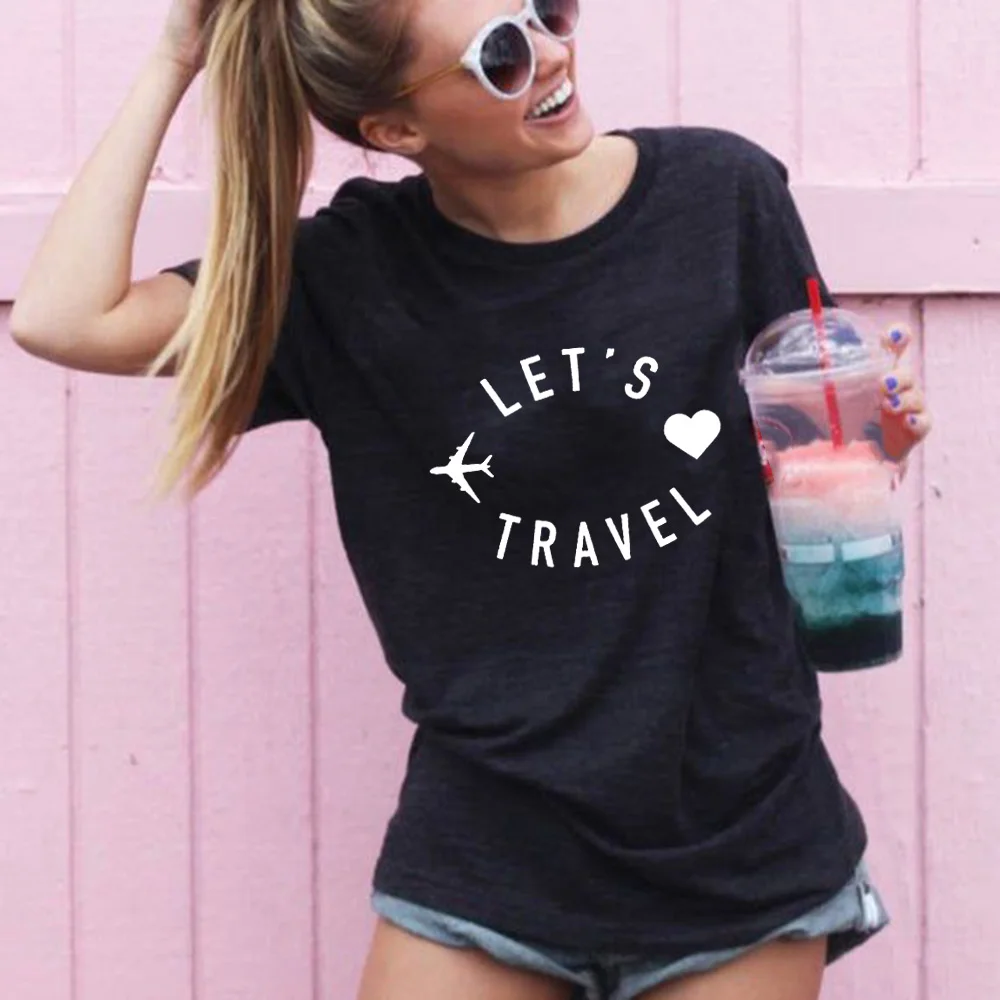 

Let's Travel Plane Print Graphic Tees Women Casual Aesthetic Harajuku Kawaii Tops Tumblr Summer Female Clothing Ropa De Mujer