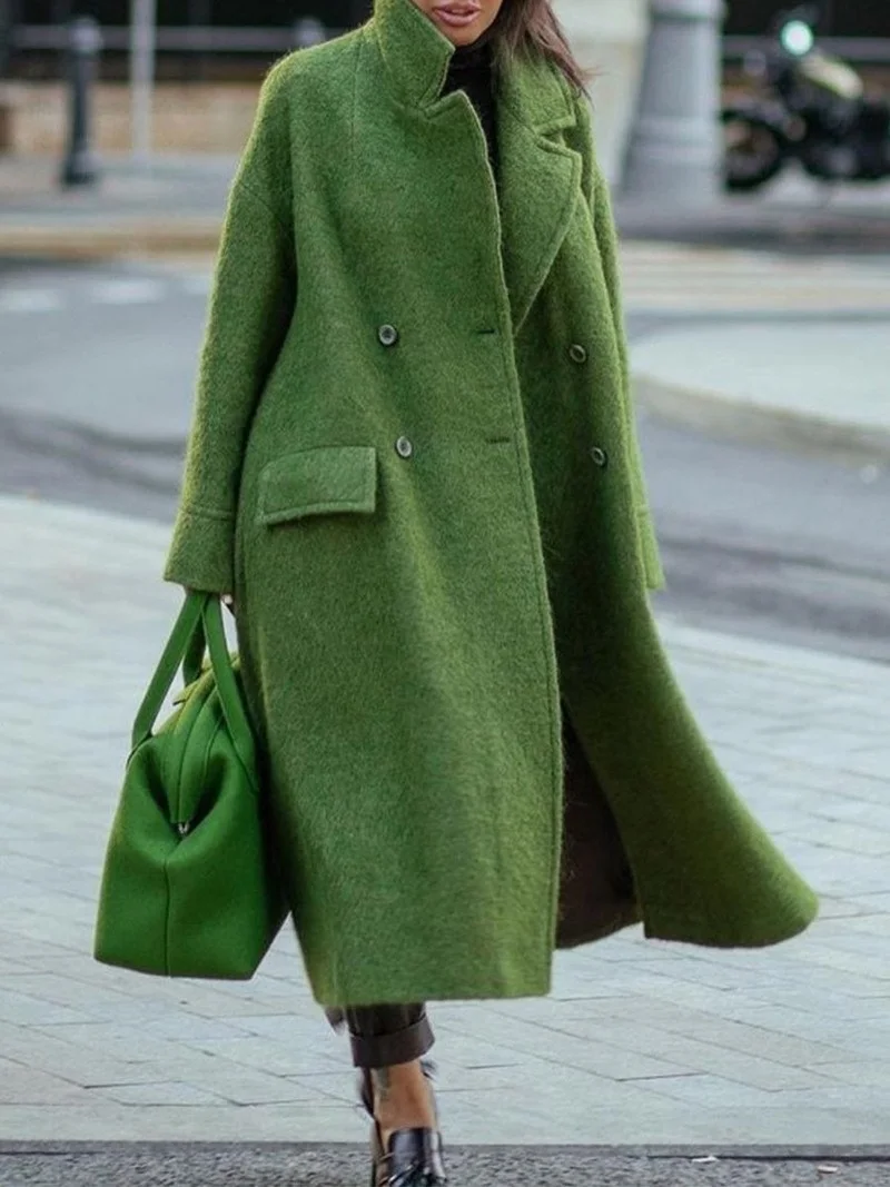 

2021 Autumn Winter Long Jacket Windbreaker Women Solid Color Temperament Commuter Beltless Lapel Loose-fitting Wool Green Coats