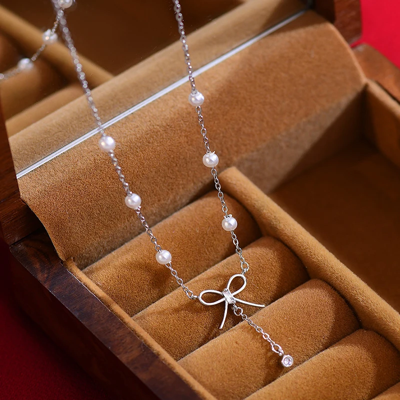 

925S Sterling Silver Elegant Bowknot Necklace Pendant Women Fashion Personality Jewelry Gift Exquisite Pearl Accessories Gift