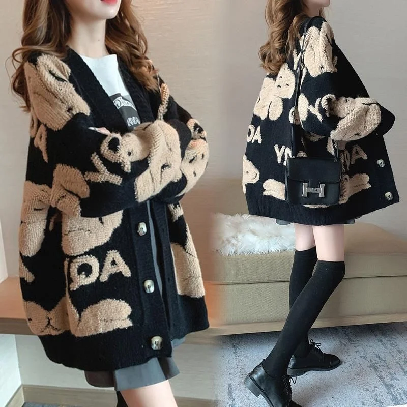 

Women's Knitted Cardigan, Winter Jacket, Loose, Knitted Sweater, Coat, Beautiful Cartoon Embroidery, Kawaii Flower Cardigan