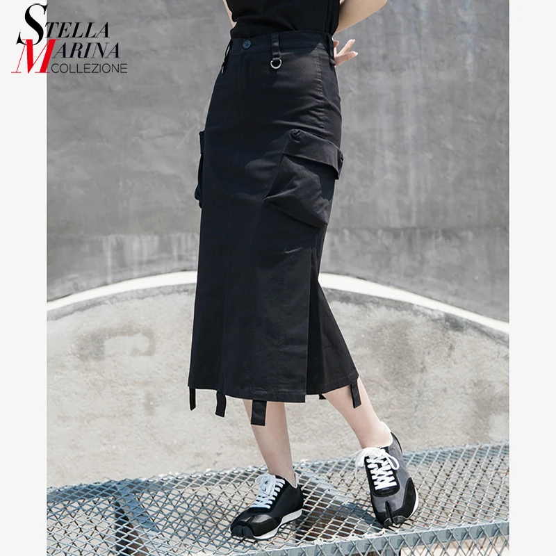 

New Spring Solid Black Casual Streetwear Woman High Waist Unique Skirt Japanese Style Side Pockets Girls Stylish Skirt apw30