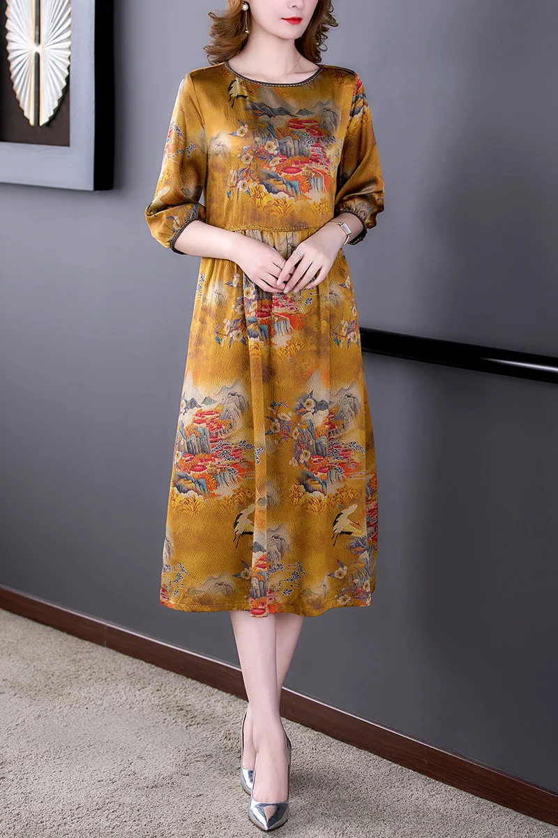 

Printed Silk Dress Spring 2022 New Large Size Women's Loose Fashion Slim Temperament Party Long Dress Elegant Casual Vestidos