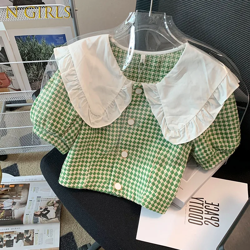 N GIRLS Korean Chic Puff Short Sleeve Peter Pan Collar Womens Shirts Blusas Mujer Crop Tops Green Plaid Shirts Blouse Thin