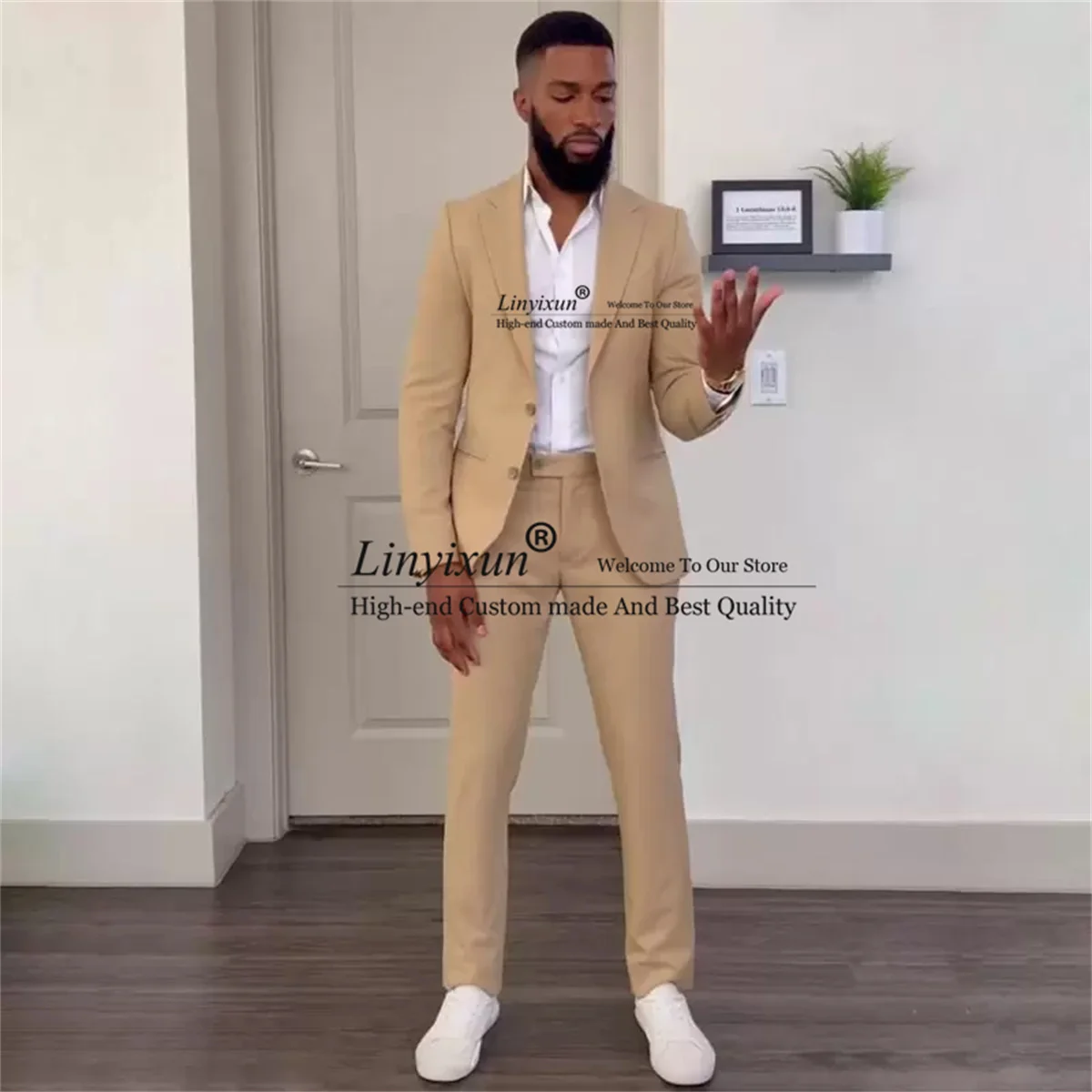 Formal Beige Mens Suit Slim Fit Notched Lapel Groom Tuxedos 2 Pieces Jacket Pants Set Tailored Made Business Male Blazer Outfit