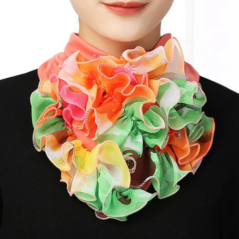 

Korean Floral Chiffon Neck Guard False Collar Hedging Scarf Summer Women Ice Silk Protect Cervical Elastic Bib Headneck
