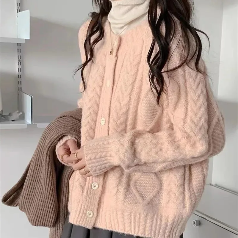 Женский однобортный вязаный кардиган с длинным рукавом круглым вырезом