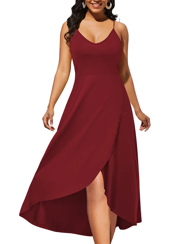 

Женское платье-макси на бретельках, однотонное повседневное элегантное платье с V-образным вырезом и разрезом, лето 2023