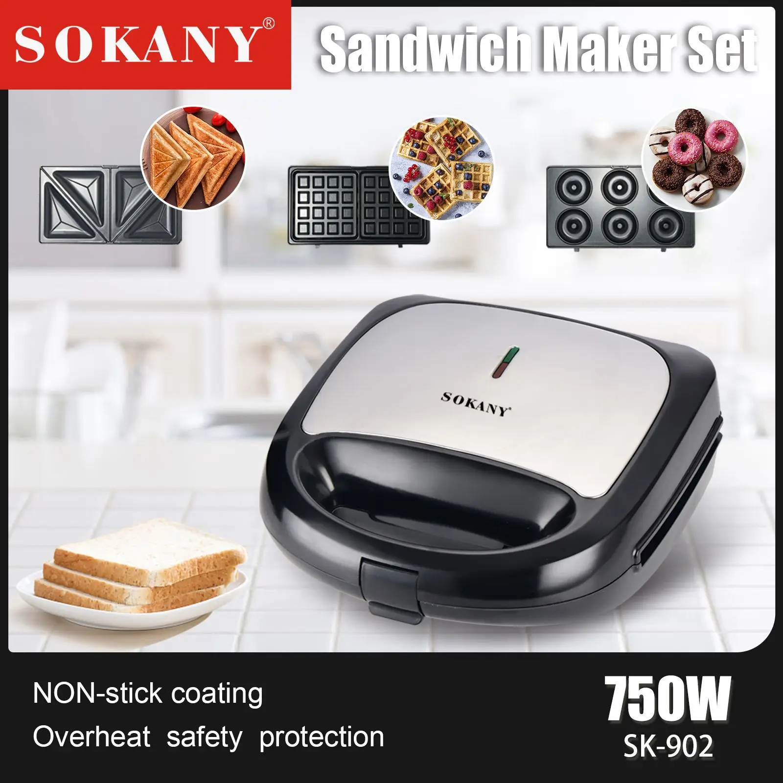 Waffle Makers, 3-in-1 Waffle Iron Panini Press Sandwich Maker with Removable Plates, Non Stick Coating Cool Touch Handle