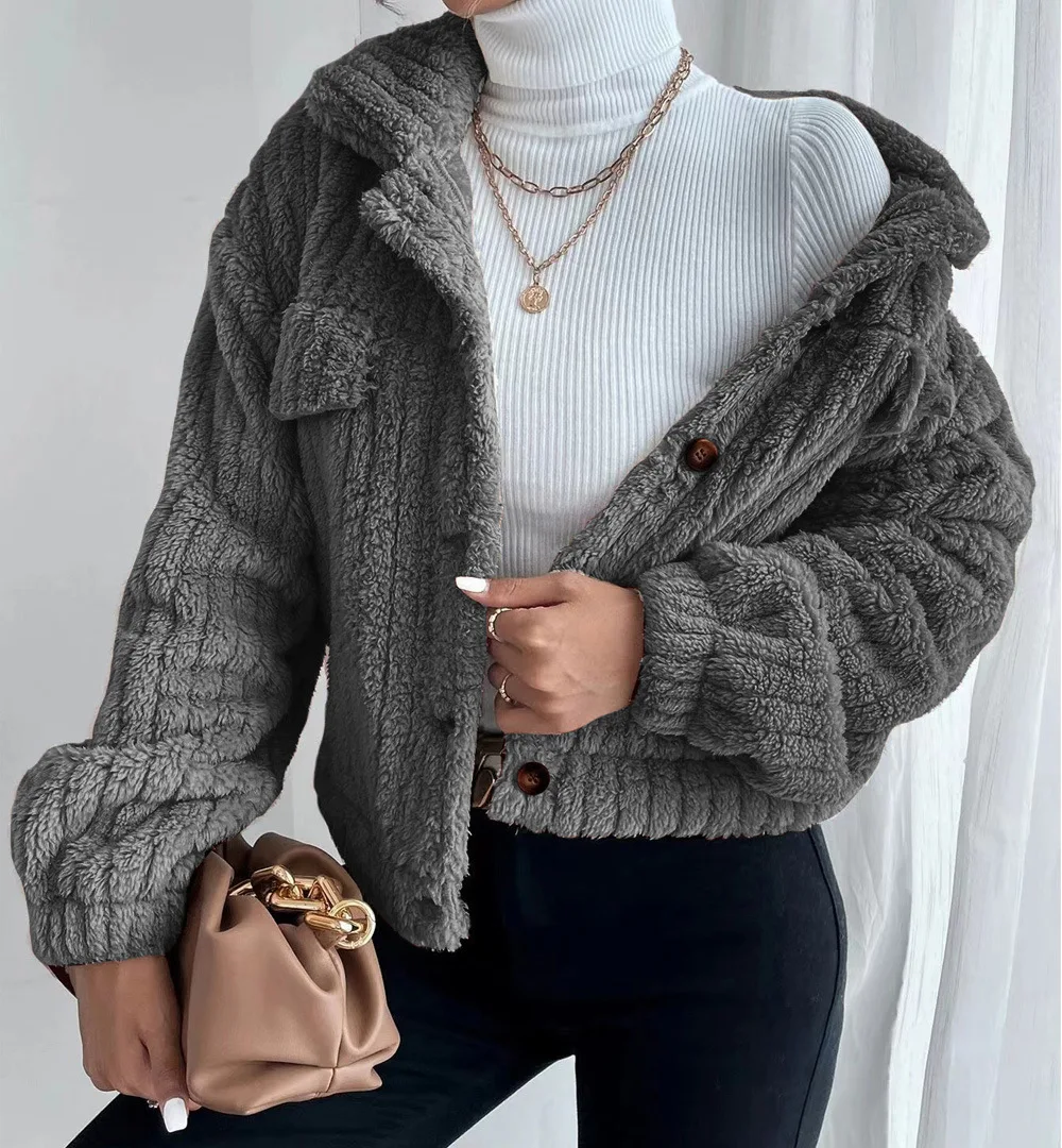 

Autumn Winter Plush Jacket for Women Comfortable Plus Velvet Tops Casual Thick Coat Solid Color Single-breasted Warm Jacket