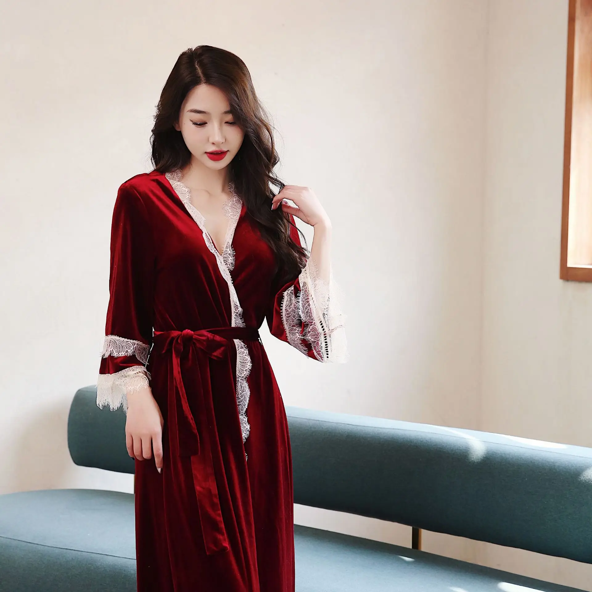 Bride Bridesmaid Lace Robe Velvet Dresses Wedding Solid Nightgown Long Cardigan Women's Home Clothes Autumn Winter 2022 New Robe