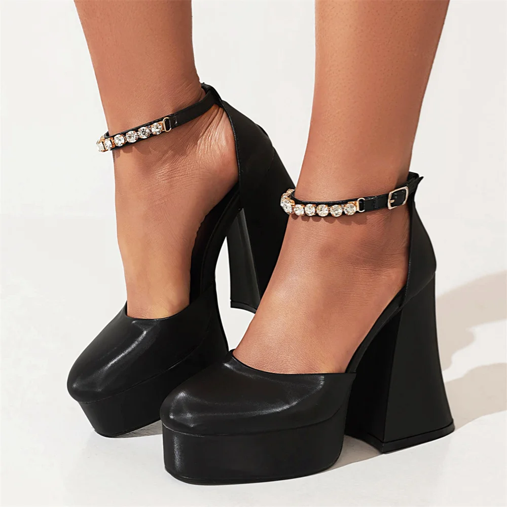 

2022 Luxury Spring Black High Heels Punk Fashion Pattern Chunky Stripper Nightclub Rhinestone Party Platform Womens Shoes