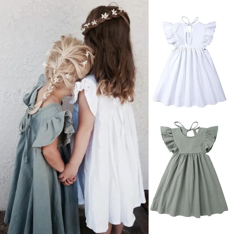 

0-6Y Toddler Kids Baby Girl Autumn Dress Ruffles Sleeve Solid Cotton Linen Party Casual Dress Clothes