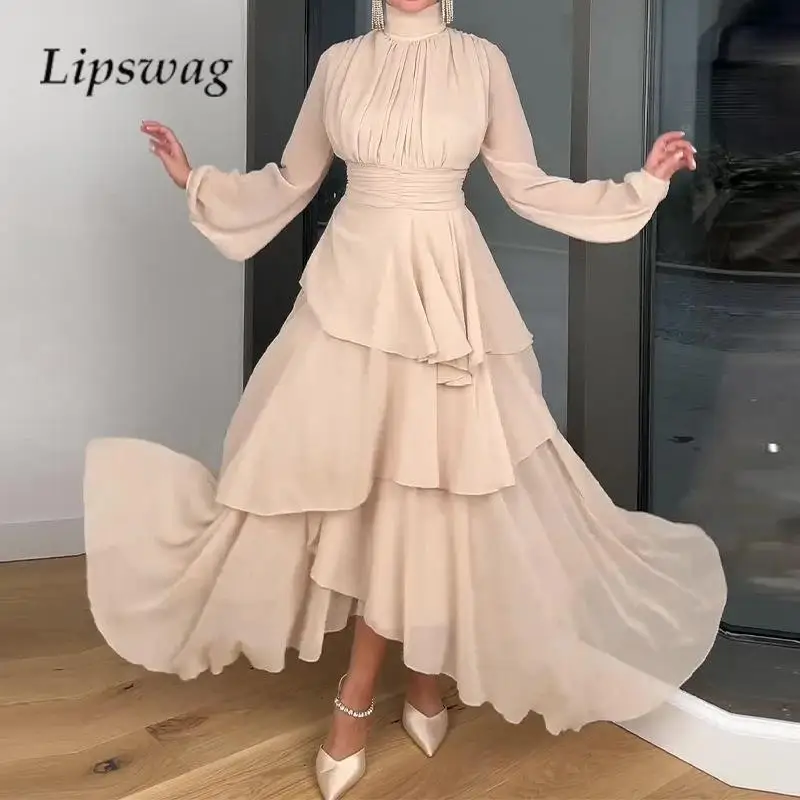 

Fashion Ladies Slim Waisted Big Hem Party Dress Autumn Mesh Long Sleeve Pleated Cake Dress French Hepburn Women Turtleneck Dress