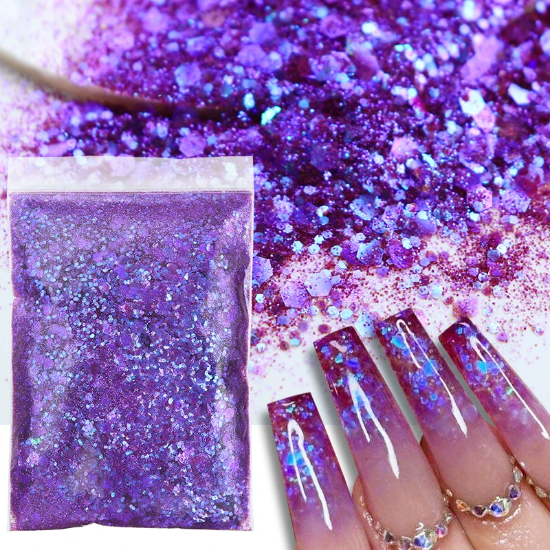 

50G Shiny Fantastic Purple Chunky Glitter for Nails Mixed Hexagon Mermaid Sequins Loose Bulk Iridescent Decoration Accessories