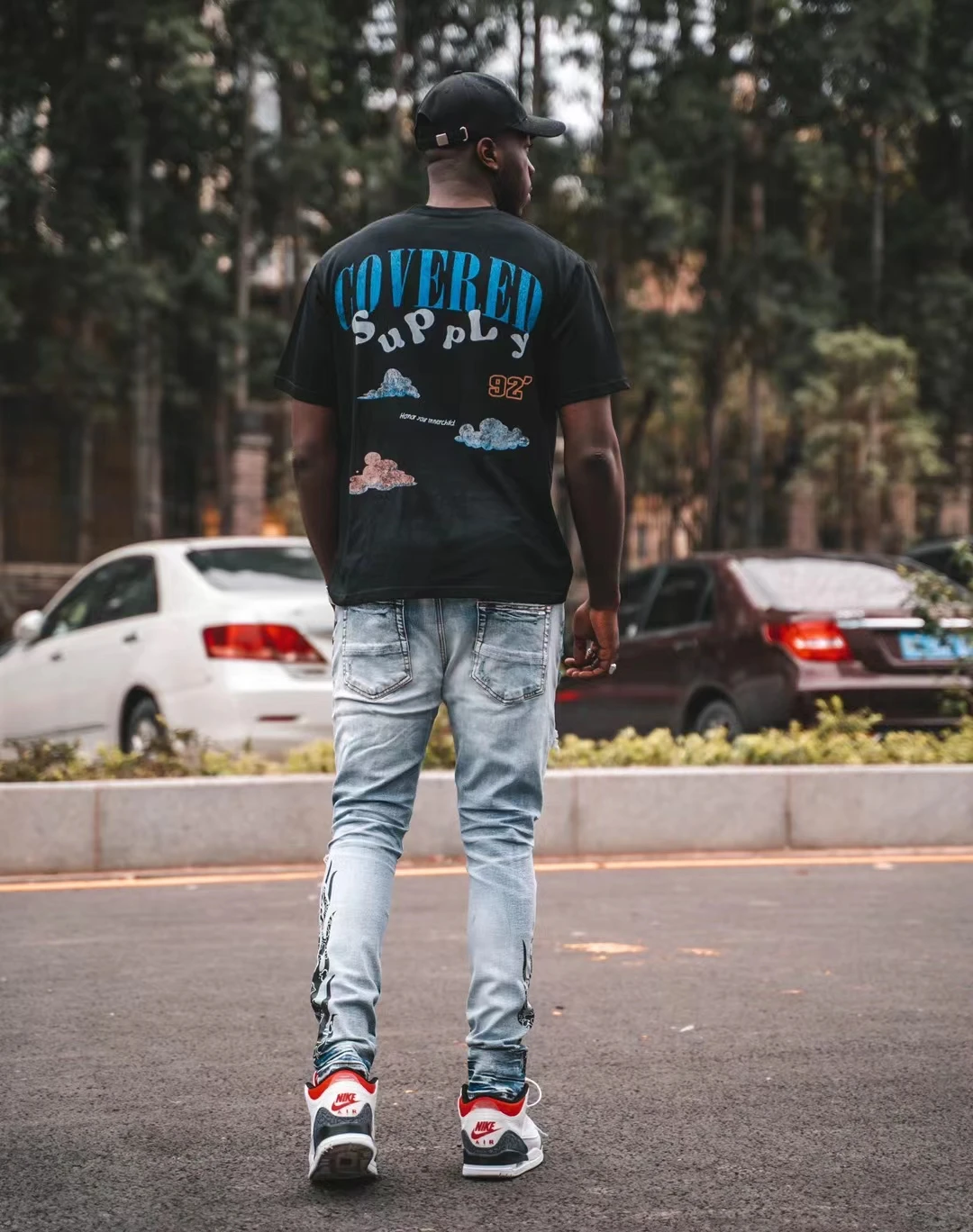 Мужские рваные джинсы AM синие узкие брюки с принтом в виде пламени дырками и