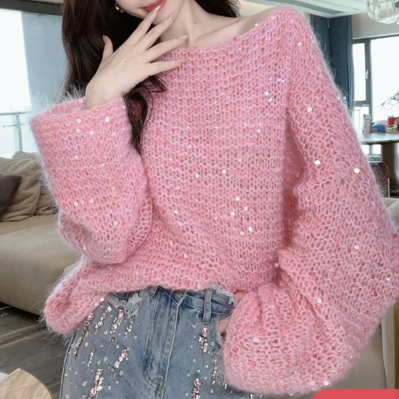 

Sequin Autumn Winter Crop Sweater Top Women England Style Vintage Batwing Sleeve Knitted Sweaters Pullovers Oversized pull femme
