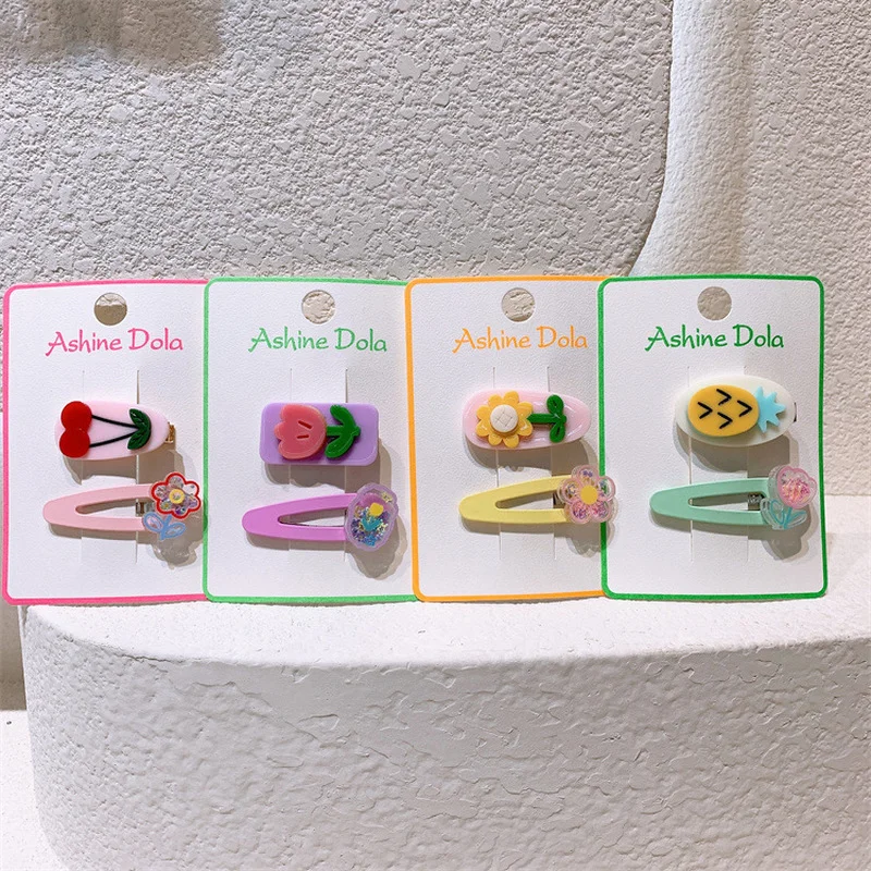 2 Pcs New Korean Fashion Sweet Girl Princess Acrylic Fruit Hairpins Children's Cute Quicksand Flower BB Clip Hair Accessories