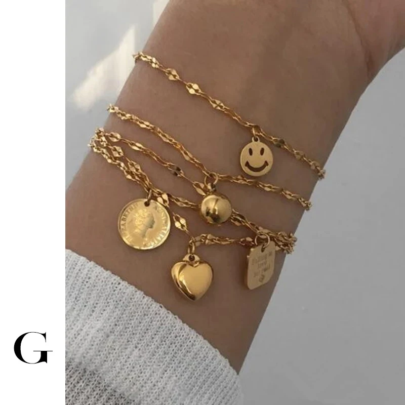 

GHIDBK Dainty Queen Portrait Coin Pendant Bracelets Statement Stainless Steel Ball Heart Charm Bangles Smile Face Square Bangle