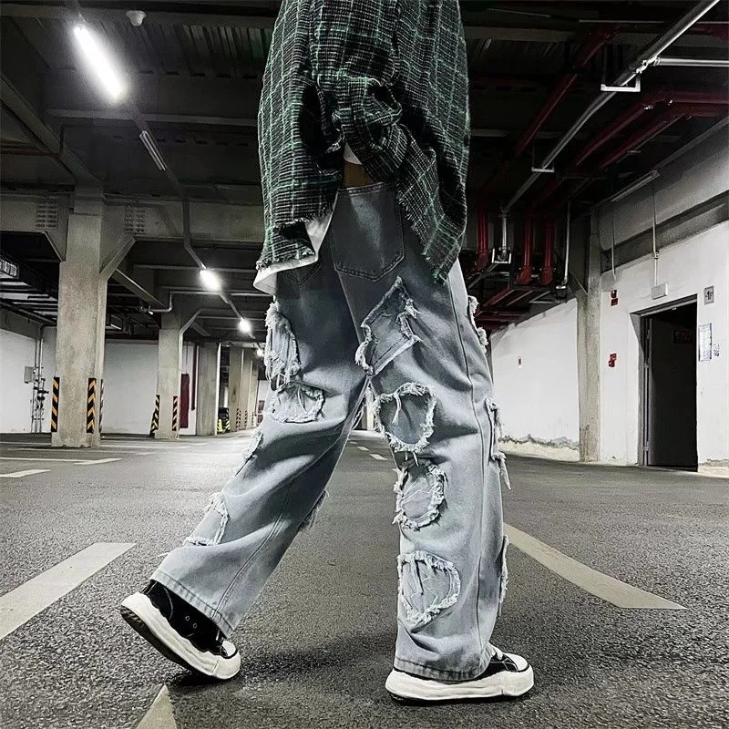 

Джинсы мужские потертые с широкими штанинами, повседневные свободные прямые брюки из денима в стиле хип-хоп, с потертостями, универсальные брюки с широкими штанинами, на весну