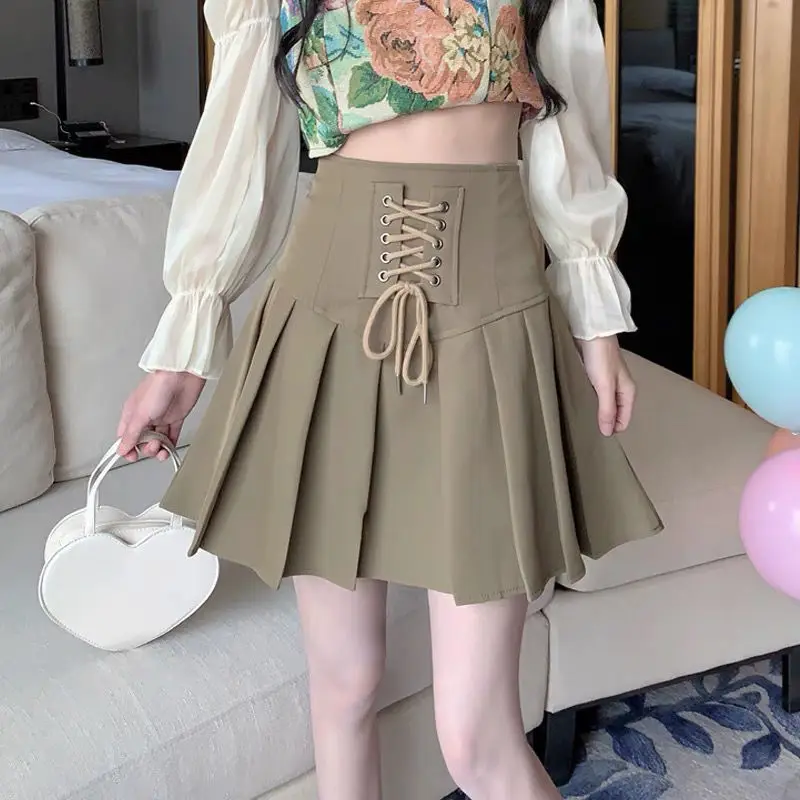 Anti -walking Light Skirt Women Summer Pleated Skirt Casual Lace-up High -waisted A -line Skirt Solid Small Hot Girl Mini Skirt
