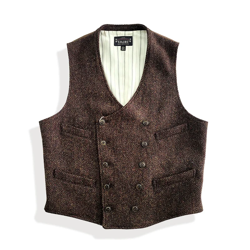 

Men's Tweed Wool Vest Double-Breasted Slim Fit Red Brown Classic Gentlemen Elegant Wear Vintage Suit Waistcoat Designer Clothes