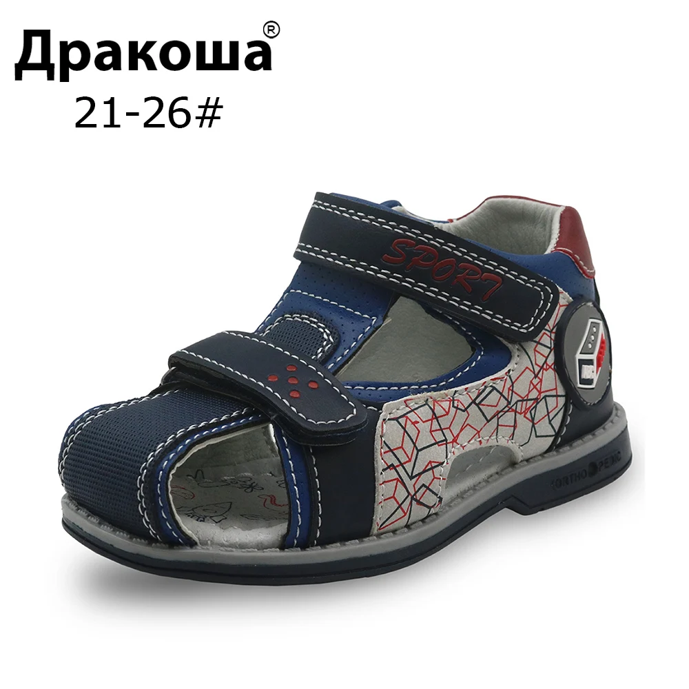 

Apakowa B Boys Shoes Summer Pu Leather Flat Kids Sandals with Arch Support Closed Toe Toddler Baby Shoes for Boys Eur 21-26