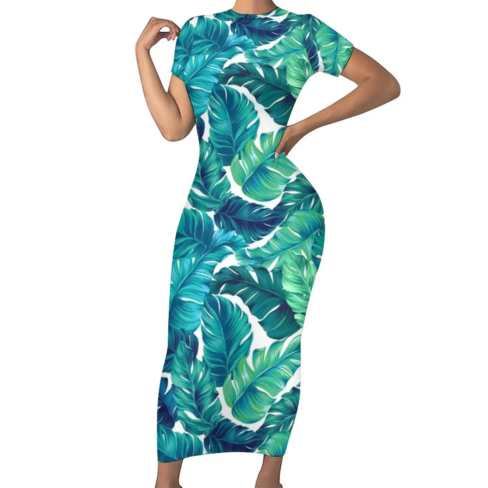 

Juicy Banana Leaves Bodycon Dress Spring Tropical Print Retro Maxi Dresses Female Short Sleeve Design Aesthetic Dress Big Size