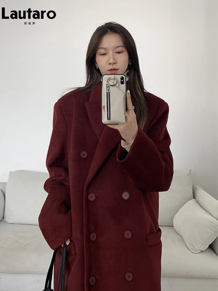Lautaro осень-зима длинный утолщенный теплый винно-красный шерстяной плащ для