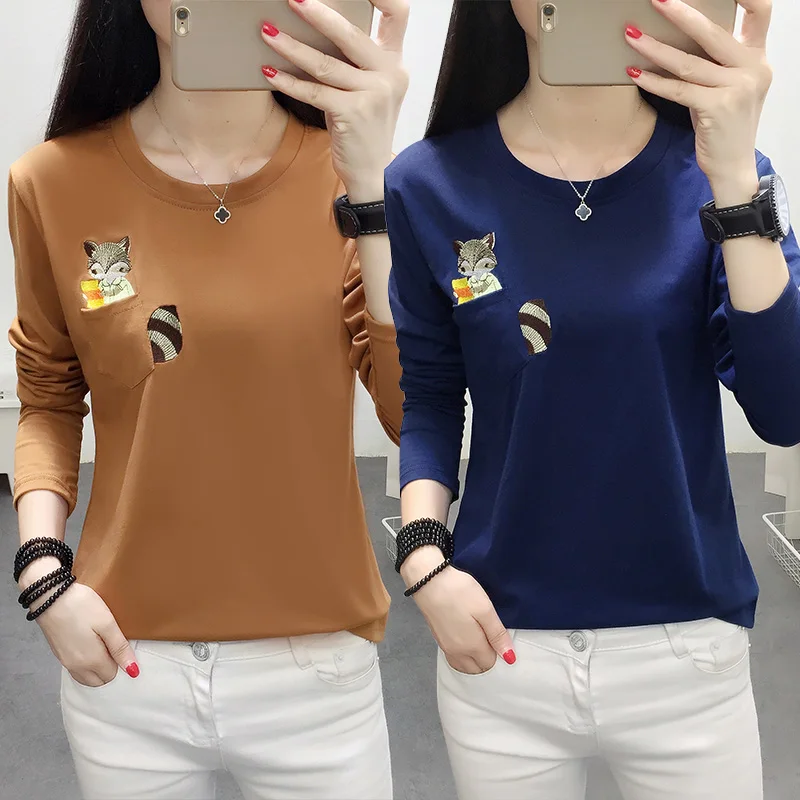 

2023 New Spring Autumn Women T Shirt Squirrel Embroidery Casual Loose Long Sleeve pocket T Shirt Tee Top Oversize