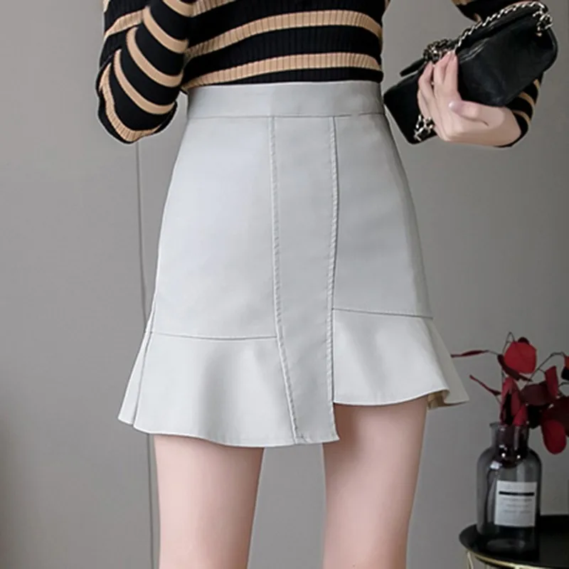 

High Waist Mini Skirt Women New Arrival 2022 Fashion Korean Style All-match PU Leather Ladies A-line Short Skirts W884