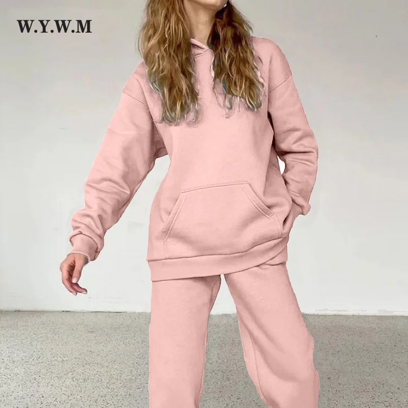 

WYWM Cotton Fleece Hoodies Sets Women Autumn Winter Sport Casual Sweatshirts and Pants Two Piece Thicken Warm Hooded Tracksuit