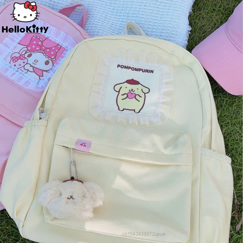 Light Yellow Cartoon Pom Pom Purin Backpack With Lace Student Schoolbag Sanrio Women's Bag Y2k 2022 Trend School Backpack Korean
