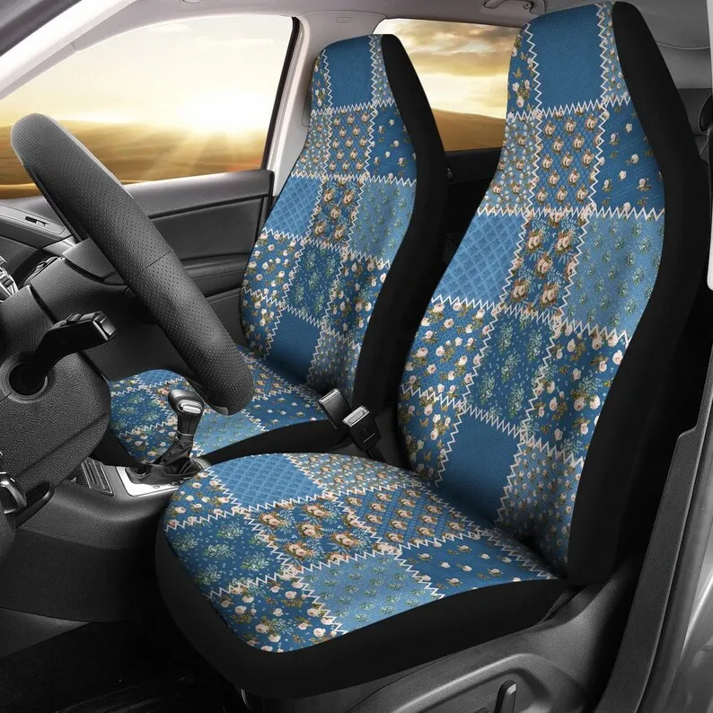 

Blue Shabby Chic Vintage Patchwork Quilt Style Car Seat Covers Set Flowers Roses Universal Fit For SUV and Car Bucket Seats