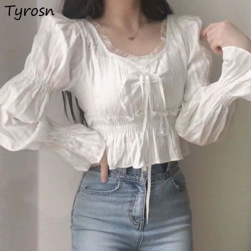 

Блузка женская в стиле ретро, элегантный минималистичный укороченный топ с расклешенными рукавами, в стиле ольччан, пикантная Базовая Модн...