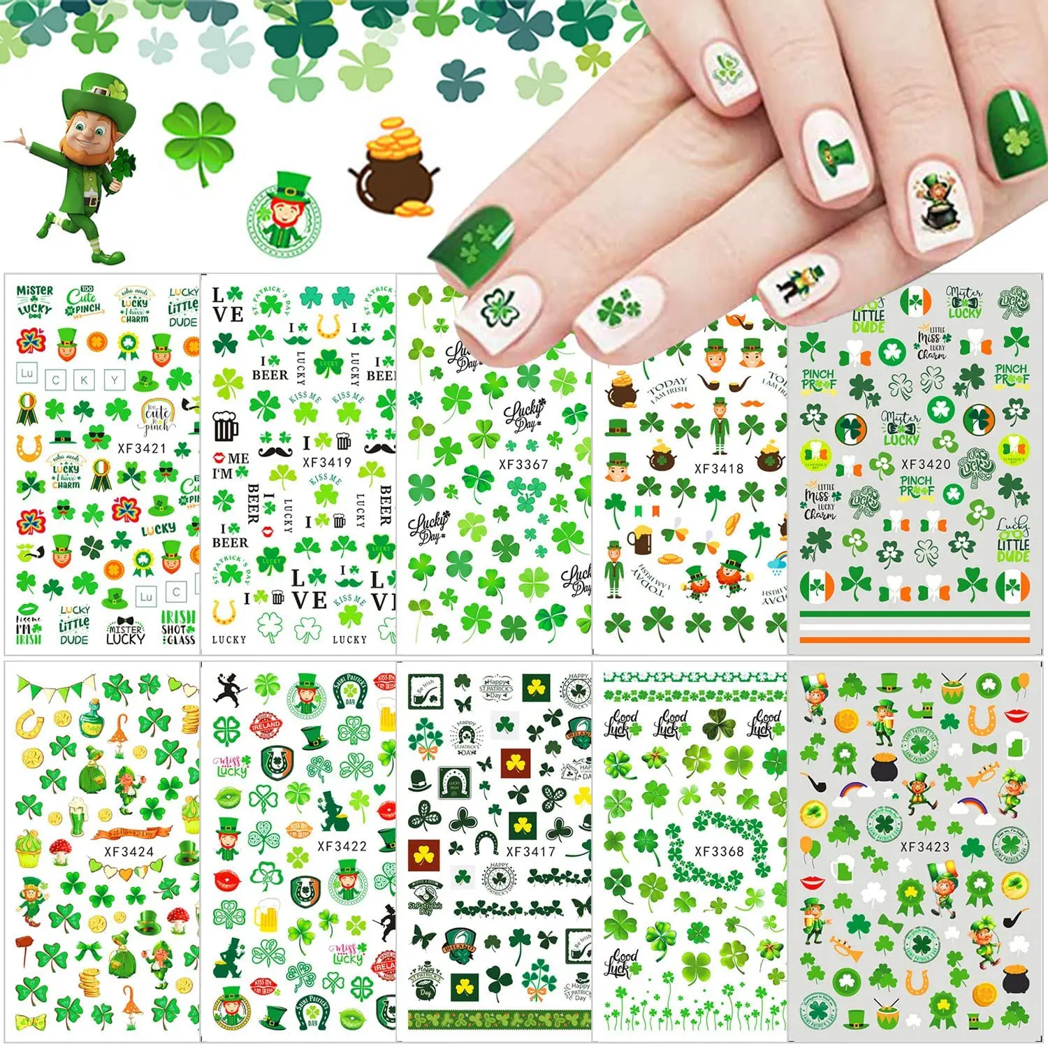 10 Sheets St Patrick’s Day Nail Art Stickers 3D Shamrock Nail Polish Decals Green Clover Irish Nail Stickers St Patricks Day