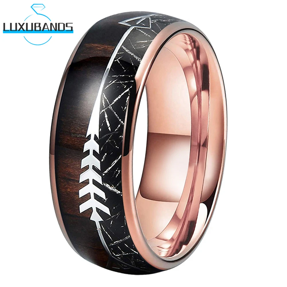 

8mm Rose Gold Tungsten Ring For Women Men Arrow Wood Black Meteorite Inlay Polished Finish High Quality Fashion Comfort Fit