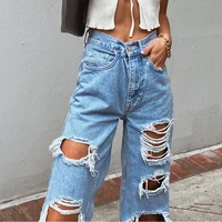 womens fashion sexy jeans casual high waist pants ripped trousers women jeans retro denim ripped holes frayed loose jeans women