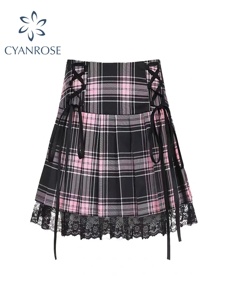 

Plaid Women's Pleated Skirt Summer High Waist Girls Y2k Pink Mini Skirt Cute A Line Harajuku Sexy Kawaii Lolita Bandage Skirt
